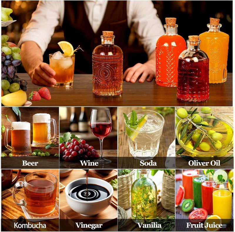 TBWIND 12 Pack 6oz Glass Bottles with Cork Stoppers, 200ml Clear Glass Liquor Bottles with 4 Vintage Patterns, Refillable Whiskey Bottles for Wine, Oil, Vinegar, Kombucha, Wedding Favors - Image 5